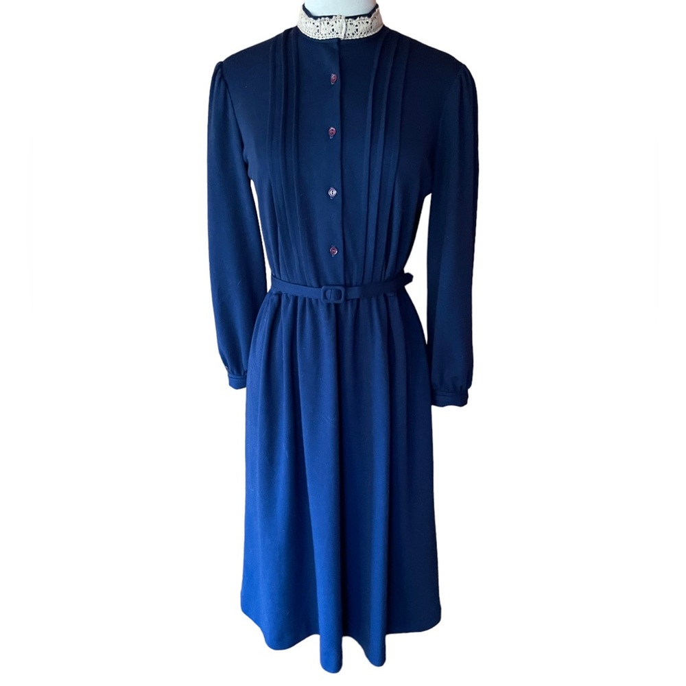 1980s Taurus II Navy, Poly Knit Secretary Dress